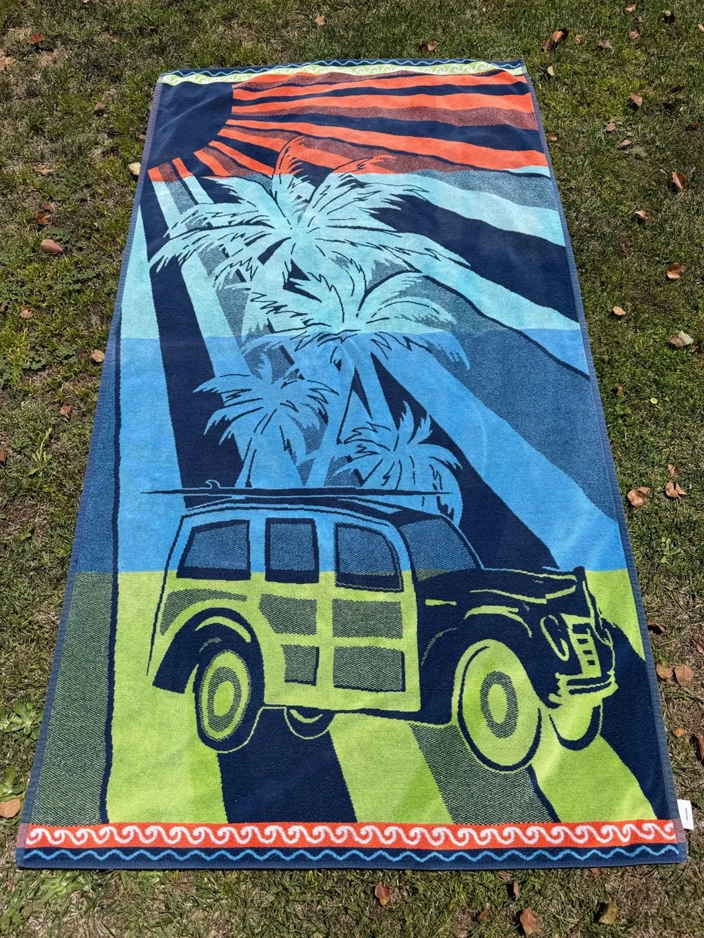 Costco Oversized Beach Towel Woody Palm Trees Surf Sunset 100% Cotton 37x71 GUC